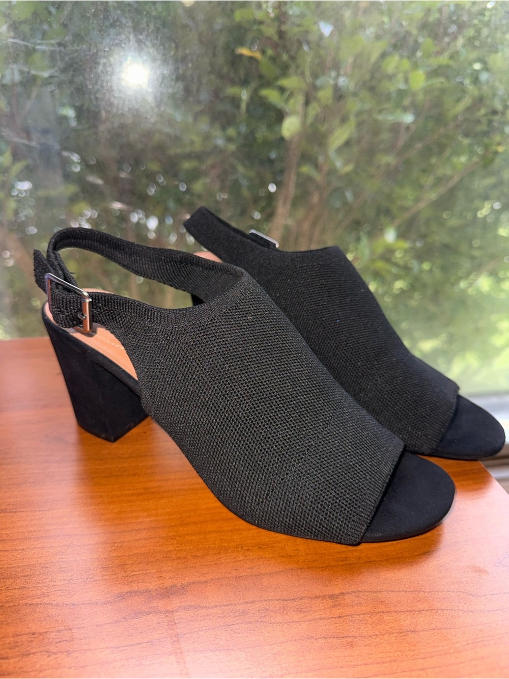 Style & Co. Black Knit Peep-Toe Slingback Block Heels